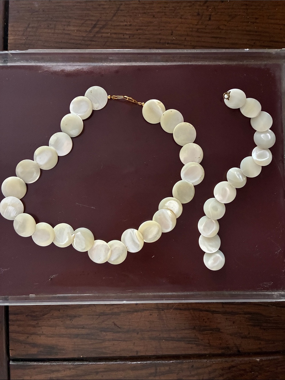 Vintage Mother-of-Pearl Disc Necklace and Bracelet Set - White